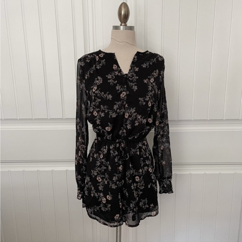 Black and Floral Long Sleeve shorts Romper